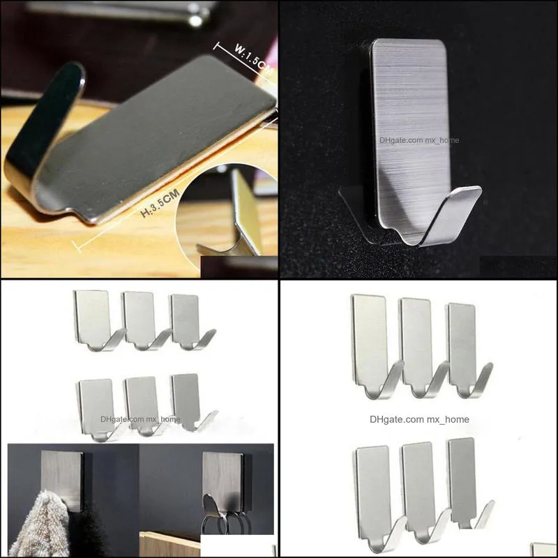 Wholesale- 6Pc/Lot Stainless Steel Family Robe Hanging Hooks Hats Bag Key Adhesive Wall Hanger Bathroom Kitchen Accessories1