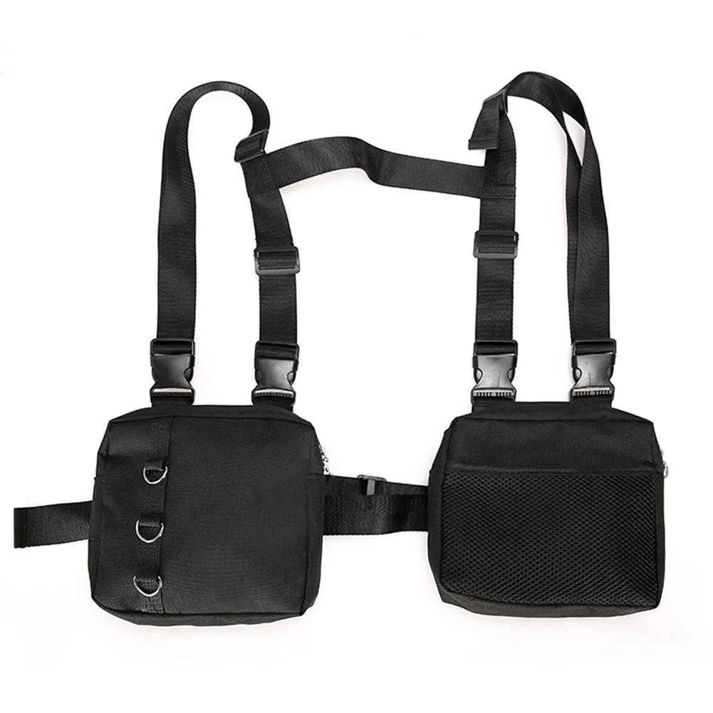 Duurzaam Stad Jogging Tassen Klassieke Delicate Functional Vest Bag Unisex Mannen Vrouwen 2 Pockets Hip-Hop Borst Taille Bag Zwart Q0705