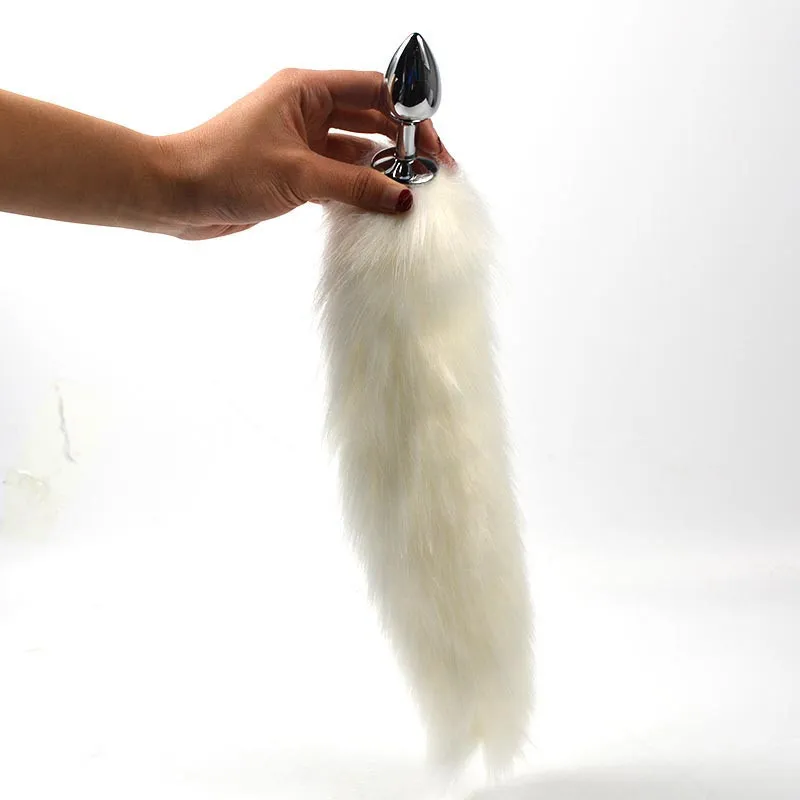 1PC Pure White Fox Tail Butt Metal Plug 35cm Long Anal Sex Toy Animal RolePlay Cosplay with Real Racoon Dog Hiar Sex Products03