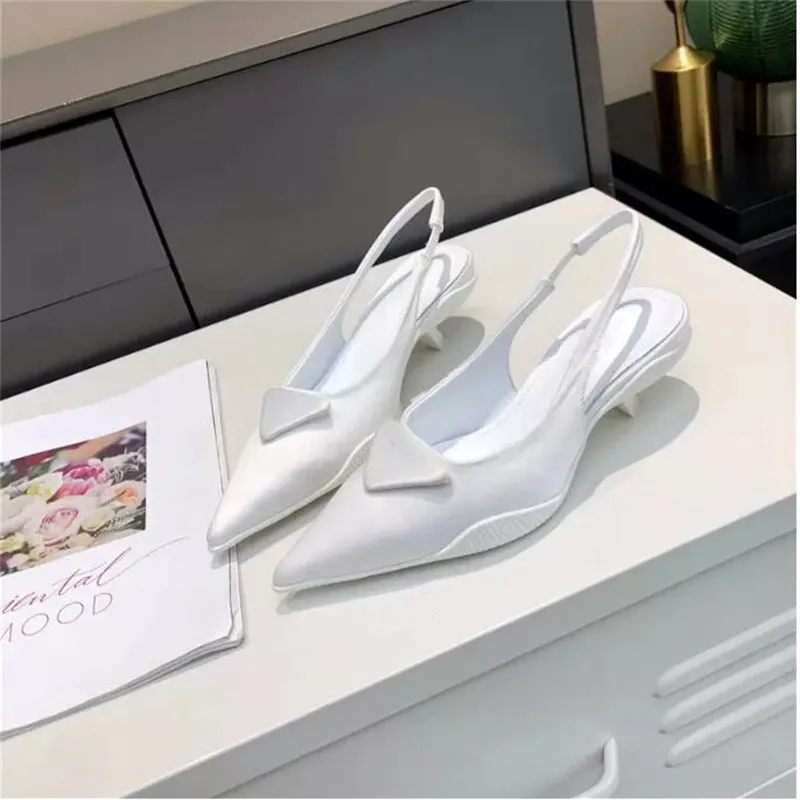 Top Quality Brand Women Sandals Pumps Pointed Toe High Heels Letter Triangles Slippers Sexy Fashion Dress Shoes Cat Heel Flip Flop Ankle Straps Sandal