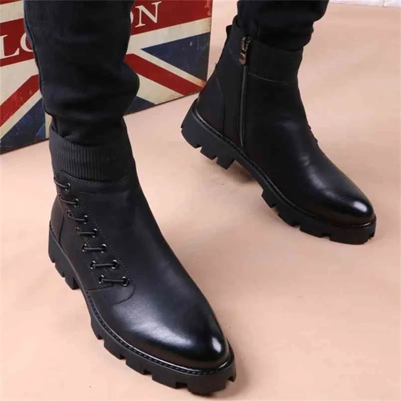 Botas vaqueras de diseñador de marca italiana para hombre, zapatos de plataforma de cuero natural, botines negros de otoño e invierno, botas cortas para hombre 210902