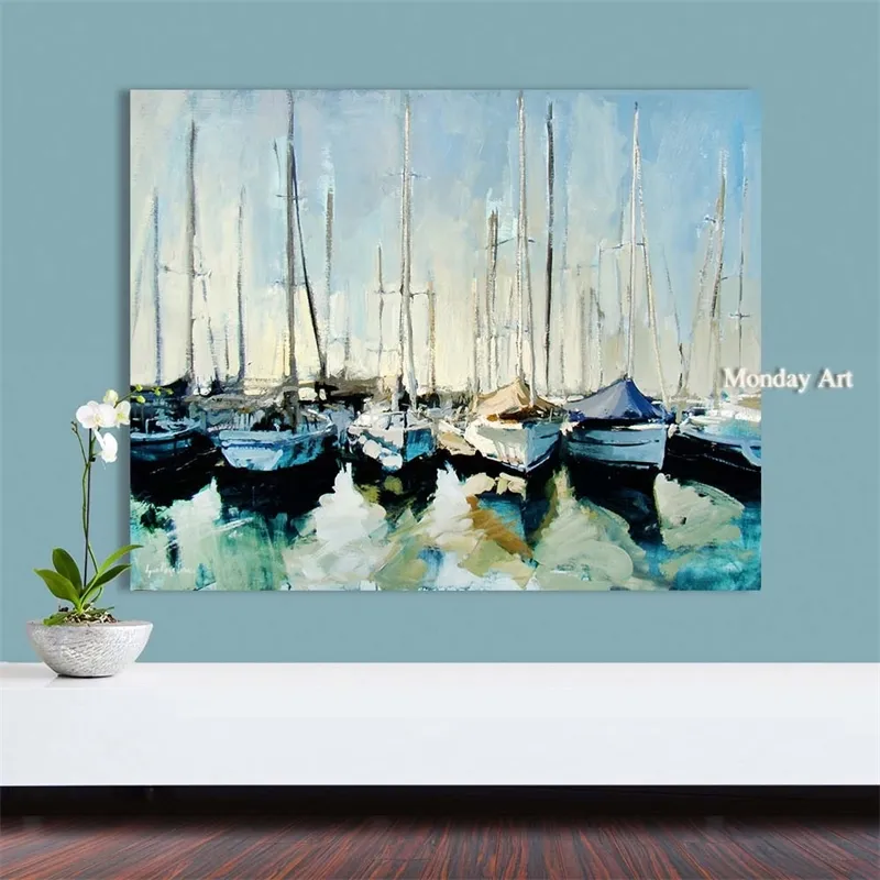 En gros de haute qualité peint à la main bateaux abstraits peinture à l'huile sur toile à la main belles peintures à l'huile de paysage abstrait 210310