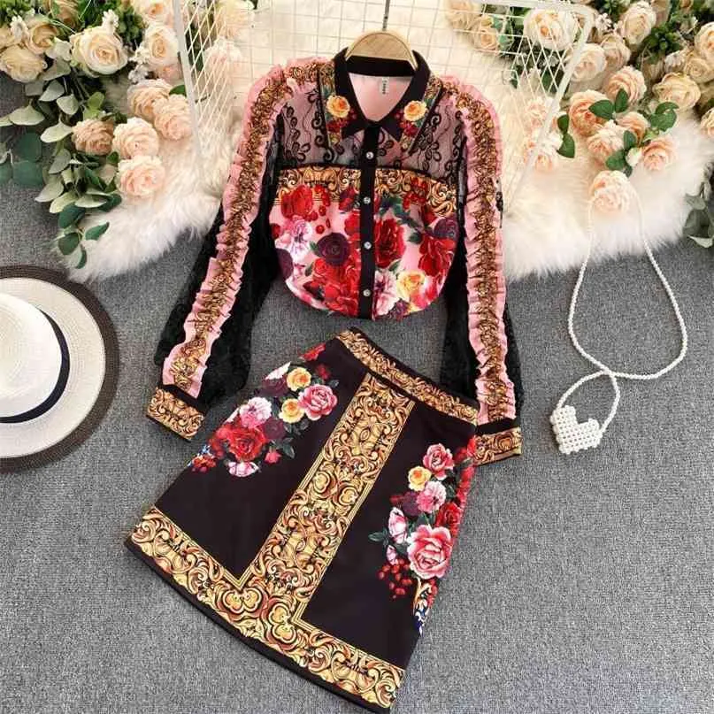 Conjunto de 2 piezas de estilo europeo para mujer elegante estampado floral ahueca hacia fuera camisa de encaje y falda corta de cintura alta trajes trajes 210603
