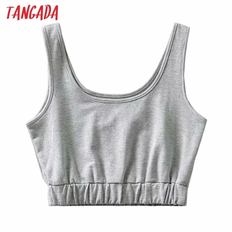 Tangada donna canotta grigia crop top senza maniche backless camicette corte camicie casual donna top tinta unita TM1 210308