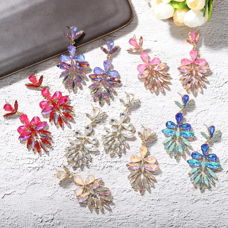 Böhmische bunte Kristallblume baumeln Ohrringe für Frauen Mode Elegante Glas Charm Ohrring Aussage Hochzeit Schmuck