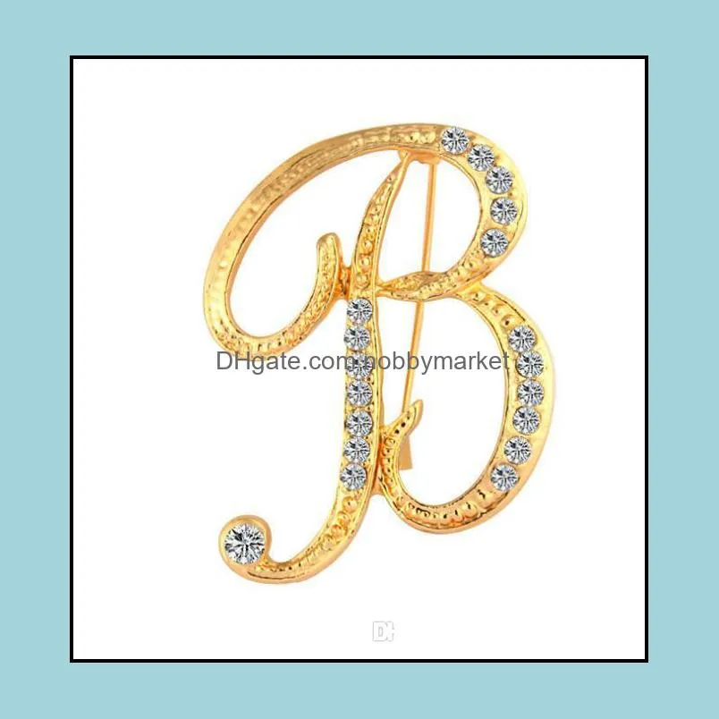 Fashion 26 English Letter Brooch Pins Sparkling Crystal Silver Plated Alphabet Brooch