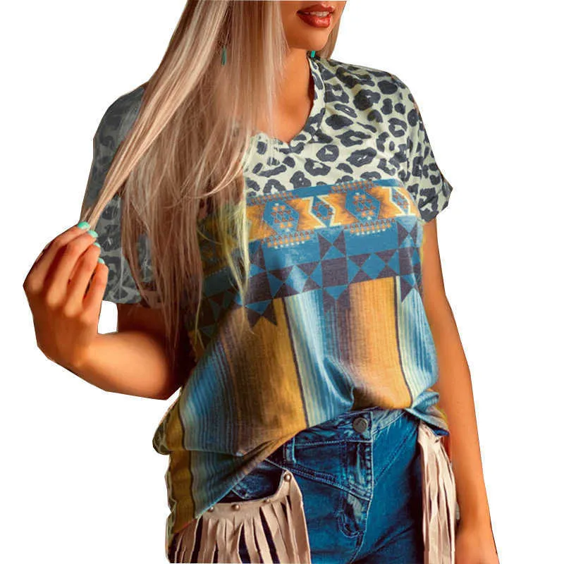 Plus Storlek S-5XL Kvinnor Leopard Print T-shirt Sommar Casual Short Sleeve V-Neck Loose Oversized Tops Ladies Folk Vintage Tees 210526