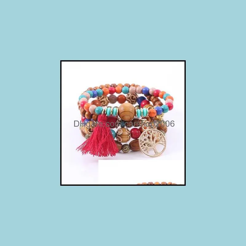 Bohemian Multilayer Charm Bracelets Colorul Wood Beads Bracelet Life Tree Pendant Tassel Elastic Bracelets Bangles for Women Men Jewelry