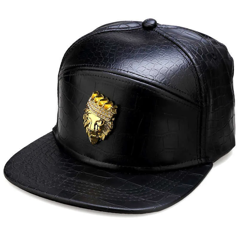 Hip Hop Lion Crown PU Leather Baseball Cap 5 Panel Metal Casual Belt Buckle Snapback Hats for Men Black Red Gold