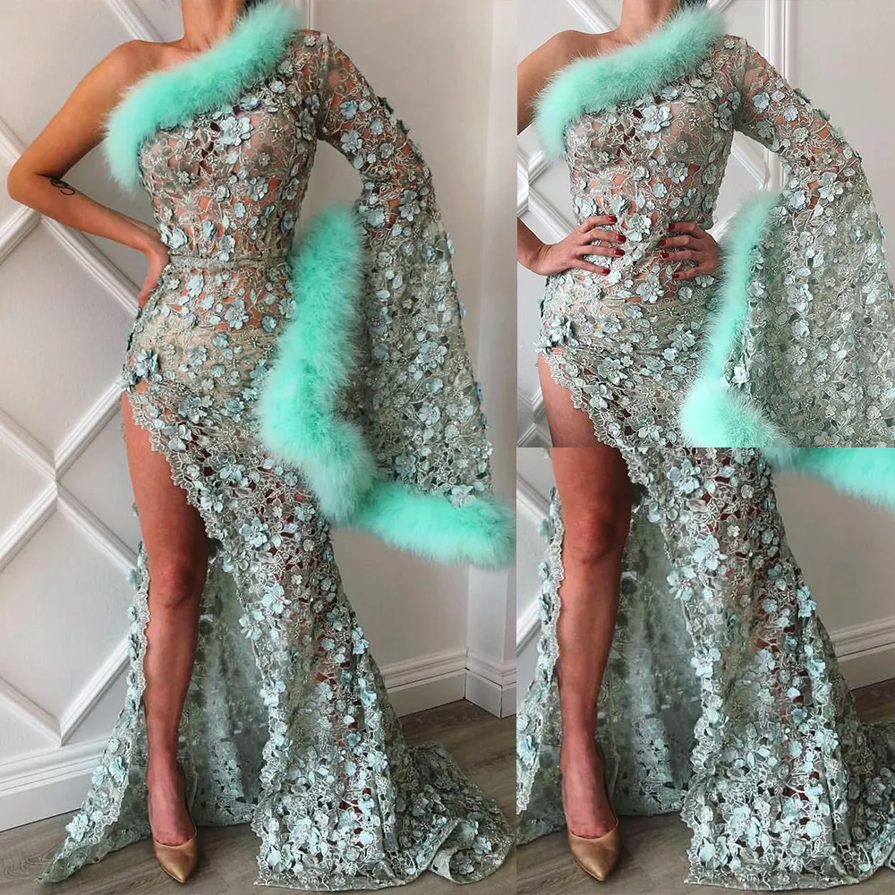 Illusion Mermaid Prom Dresses 3D Floral Appliques Fur Evening Gowns Side Split Long Sleeve Formal Party Dress vestido de novia