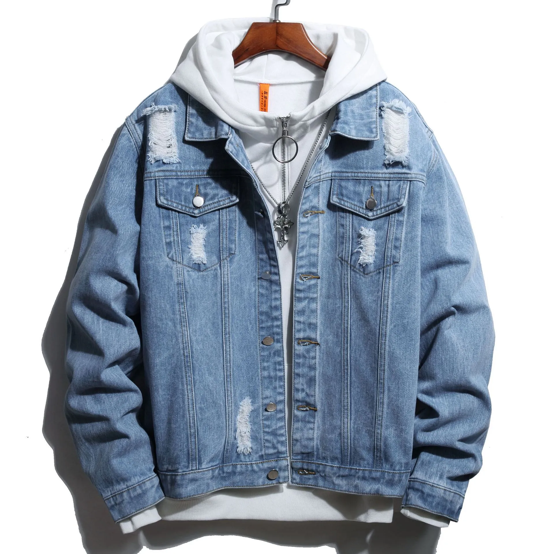 Kausal sport män jackor blå denim långärmad modetryck rockar vår hösten vinter hip hop streetwear 0836#