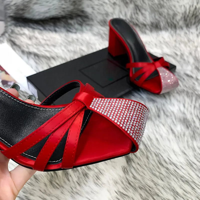 Women`s sandals latest summer authentic leather high heels striped ladies casual wear thick heel outdoor shopping letter slippers box rhinestone wedding shoes