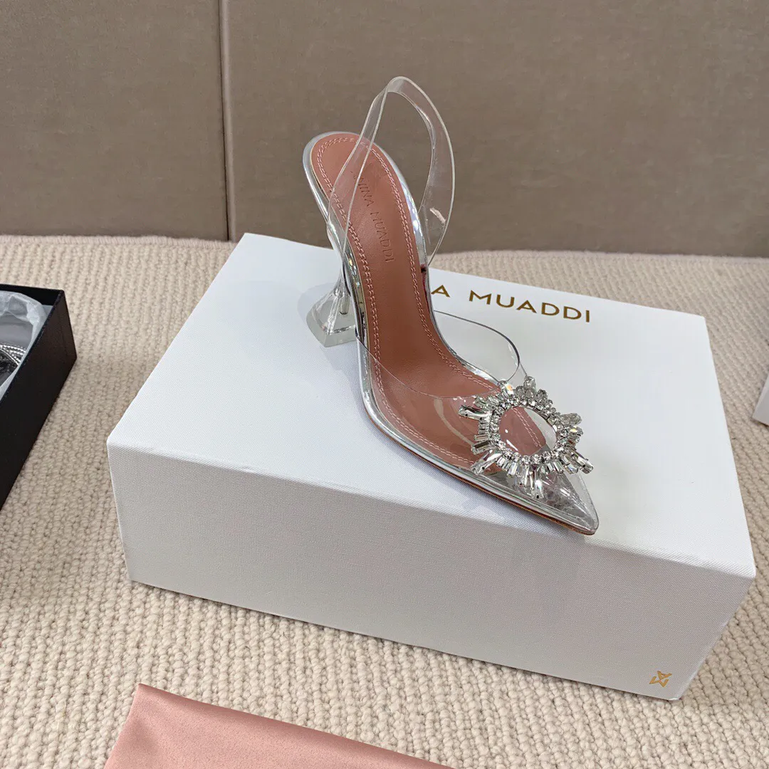 fashion luxurious designer Sandals Blue Crystal Goblet Heel Sandal Women Pointed Toe Jeweled Sunflower Buckle Transparent PVC Party Shoes Woman 9.5cm Skin bottom