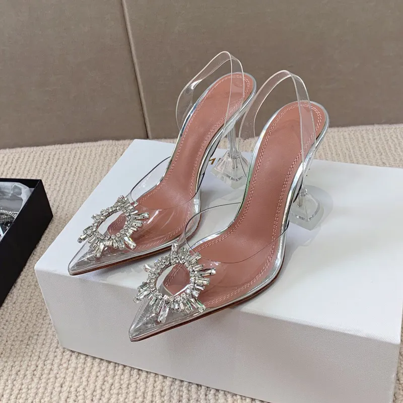 fashion luxurious designer Sandals Blue Crystal Goblet Heel Sandal Women Pointed Toe Jeweled Sunflower Buckle Transparent PVC Party Shoes Woman 9.5cm Skin bottom
