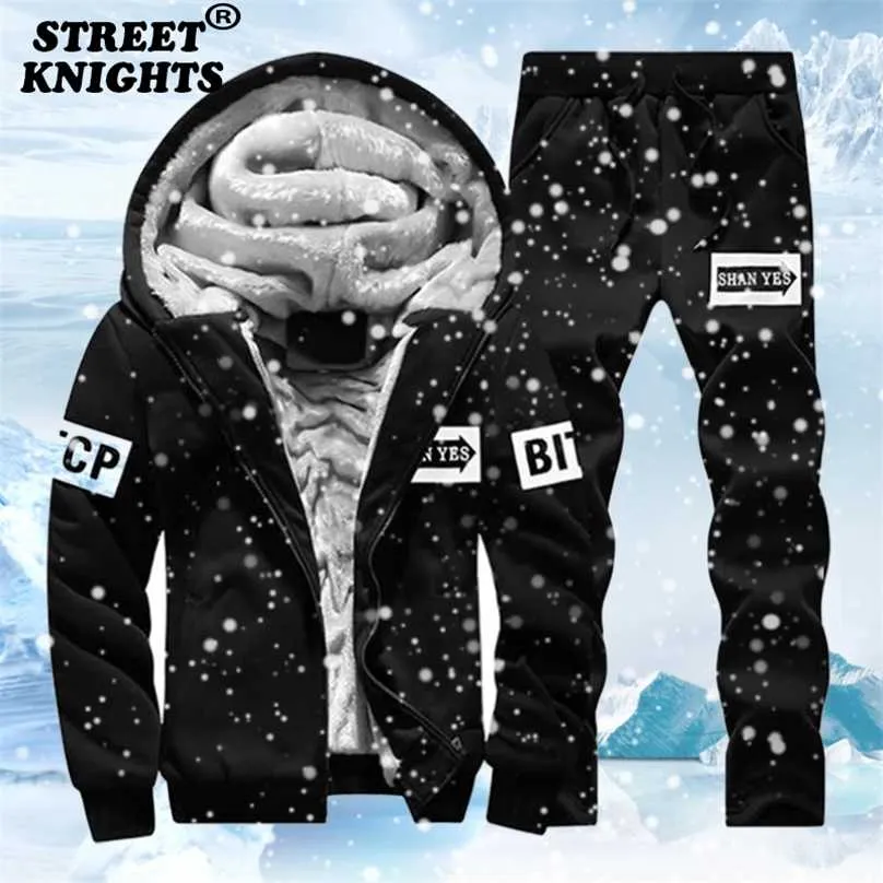 Fleece män vinter set mode casual tracksuit tjock tröja + byxor sportkläder kostym män vinter varm hooded ytterkläder kostym 211109