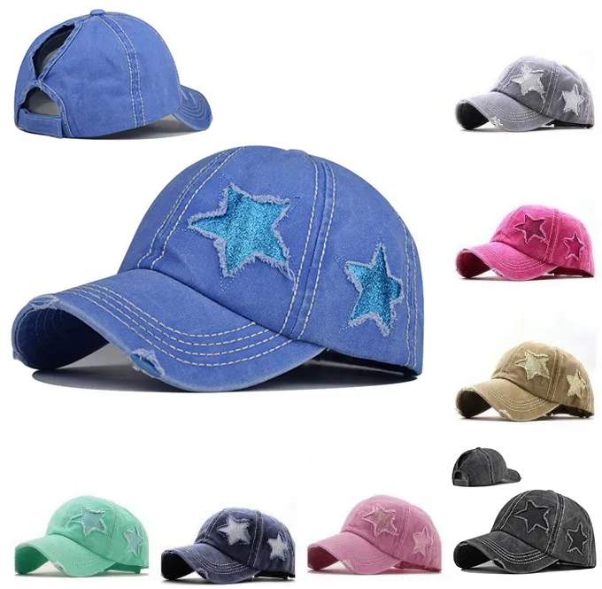 Hästsvans hattar paljett pentagram baseball cap tvättade hål klassiker boll kepsar kvinnor justerbar utomhussport huvudbonad dd153