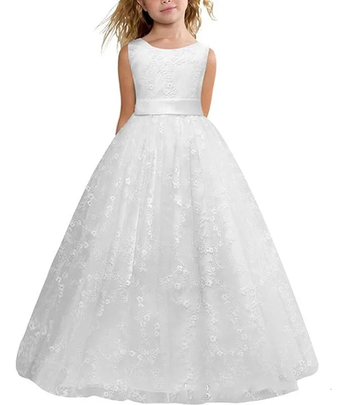 Ucuz Stokta Beyaz Balo Çiçek Kız Elbise Prenses Pageant Törenlerinde Küçük Kızlar için Ucuz Ayak Bileği Uzunluk Communion Elbiseler