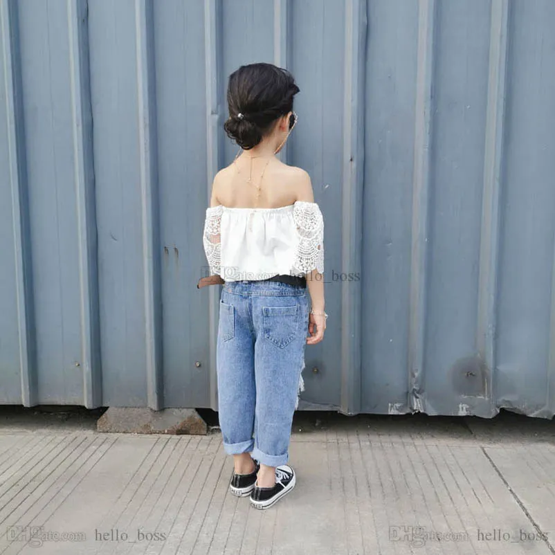 Kids Clothing Sets Girls Outfits Baby Clothes Children Suits Summer Children`s Wear Lace Tops Hole Denim Trousers B7597