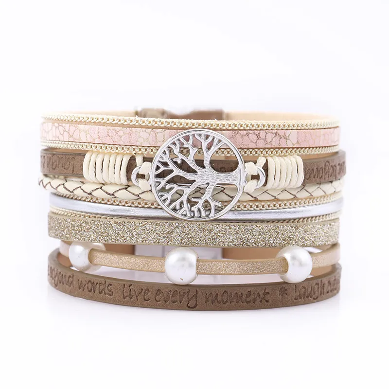 Women Magnetic Buckle Multi-layer Leather Natrual Pearls Tree of Life Charm Bracelet Bangle Set Gift