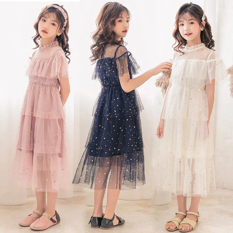 Baby Girl Solid Short-sleeve Splicing Stars Print Mesh Dress