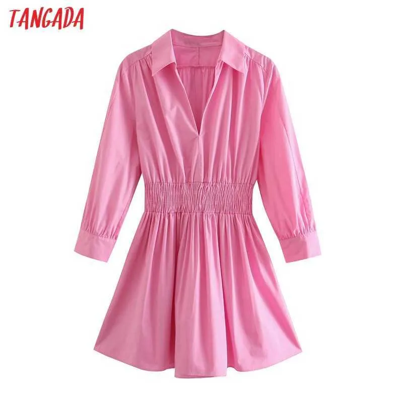 Tangada Moda Kobiety Różowa Koszula Sukienka Struszcza Talia Vintage Długie Rękaw Panie Biurowe Mini Dress 3H439 210609
