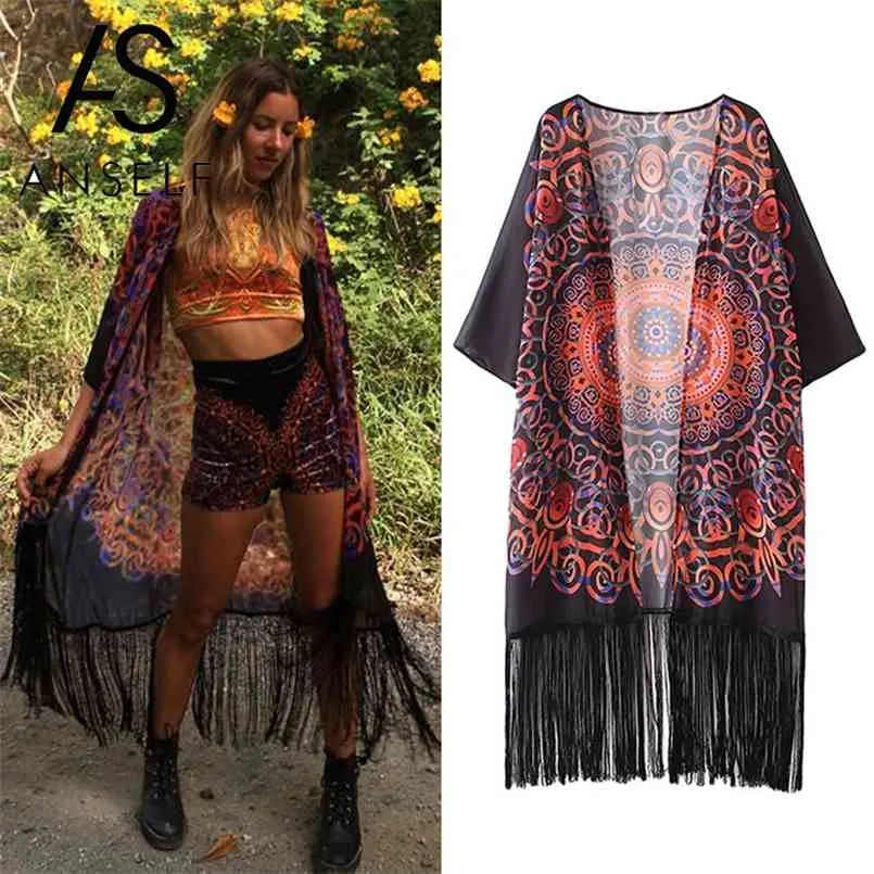 Ancle Beach Cover up Peçe Kadın Kimono Hırka Vintage Çiçek Baskı Saçaklı Püsküller Gevşek Boho Dresse Femme 210722 Tops