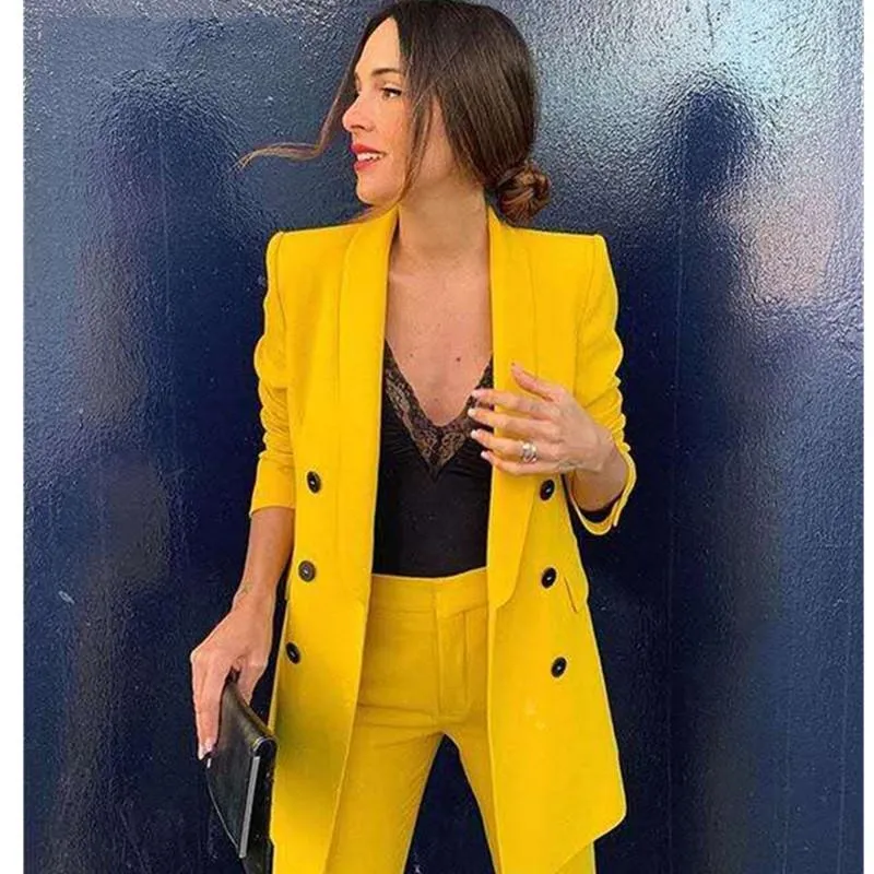 Trajes De Mujer Blazers 2021 Mujer Novio Color Amarillo Color Doble Botones Blazer Vintage Muescas Collar Suelto Largo Traje Chaqueta Abrigo Ropa Exterior De 23,91 | DHgate