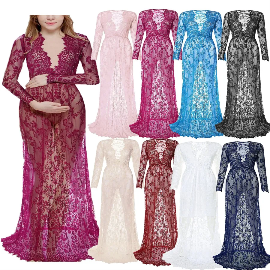 Lace Maternity Dresses Photography Props Sexy V-neck Maxi Gown For Pregnant Women Long Pregnancy Dress Photo Shoots 2024 Hot