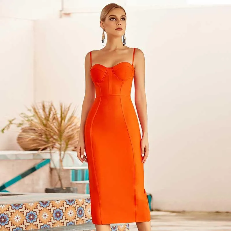 Casual jurken groothandel vrouwen oranje spaghetti riem knie lengte strapless sexy panty celebrity cocktail party bandage jurk