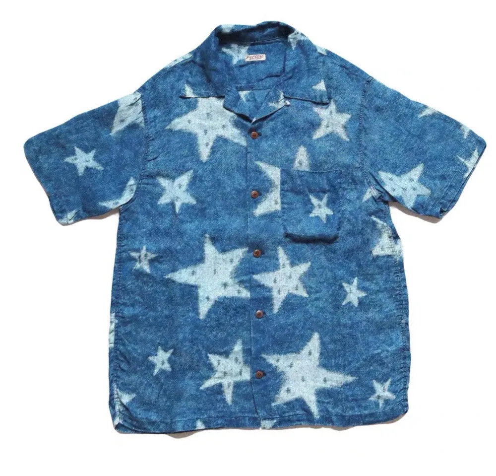 Erkek Casual Gömlek 21ss Kapital Hirata Hohong Keten Yıldız Mavi Trend Gevşek Kısa Kollu Gömlek