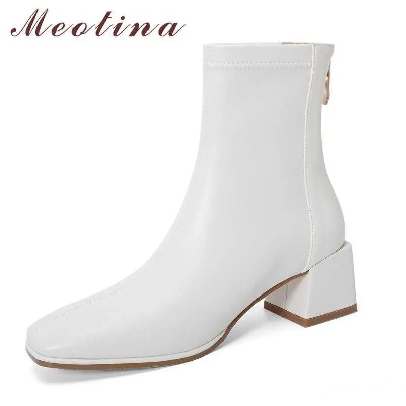 MEOTINA BOOTS BOOTS Mujeres de cuero genuino zapatos de tacón alto tacón grueso tacón corto botas con cremallera de punta de punta de punta de punta de punta de punta del otoño de otoño beige 210608