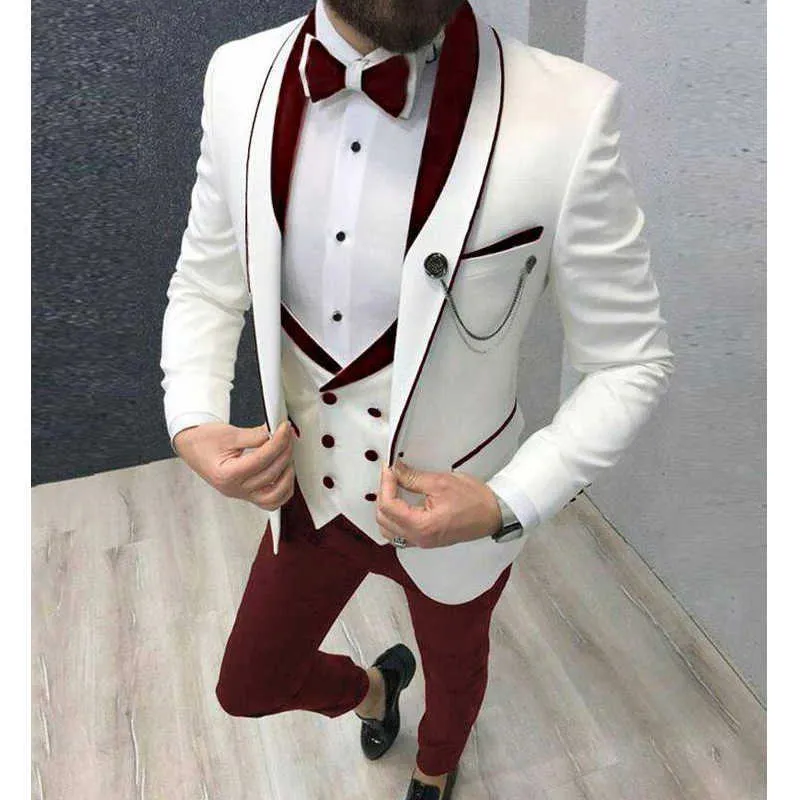 Slim Fit Casual Men Suits 3 Piece Groom Tuxedo for Wedding Prom Burgundy and White Male Fashion Costume Jacket Waistcoat Pants X0909