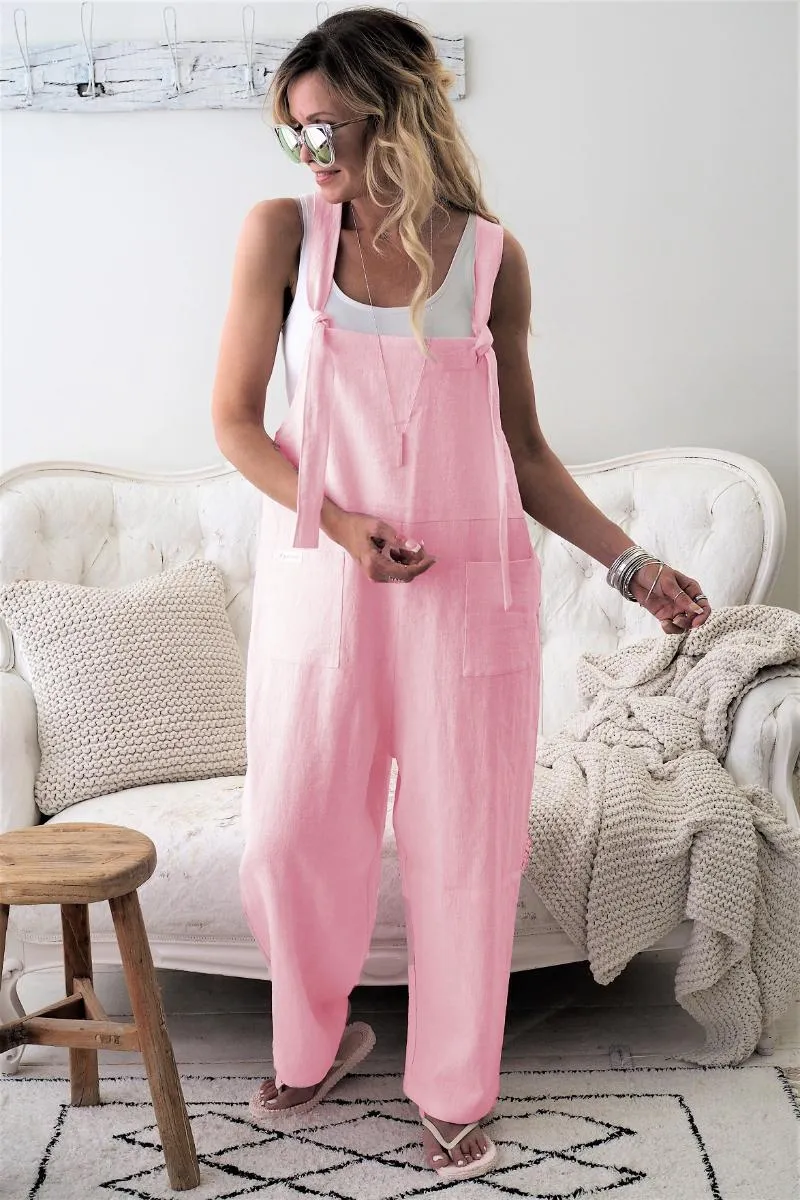 Loose Fit Cotton Linen Linen Jumpsuit Overalls With Solid Pockets