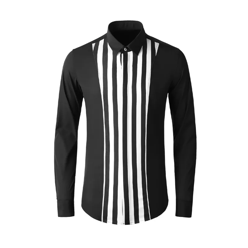 Luxury Striped Shirt Men Svart Vit Färg Slim Casual Långärmad Chemise Homme Male Bomullskjortor Plus Storlek
