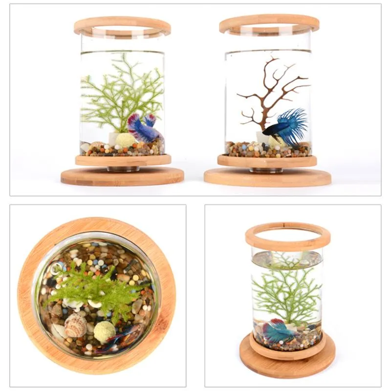 Cylindrical Ecological Fish Tank Mini Aquarium & Wooden Base For