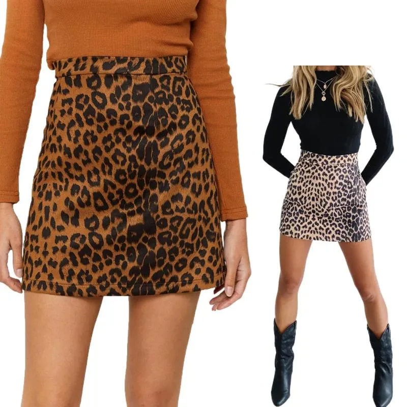 Kjolar Kvinnors Suede Sexig Mini Skirt Leopard Print High Waist Back Zipper Jupe Kvinna Fahion A-Line Bodycon Wrap Hip Club Partyskirts