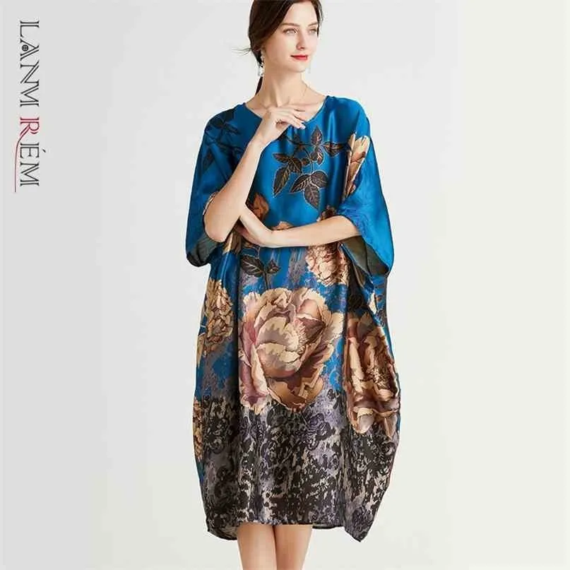 Vintage Ipek Elbise Yaz Gevşek Baskılı Batwing Kol Artı Boyutu Elbiseler Kadın Streetwear Giyim 2D3637 210526