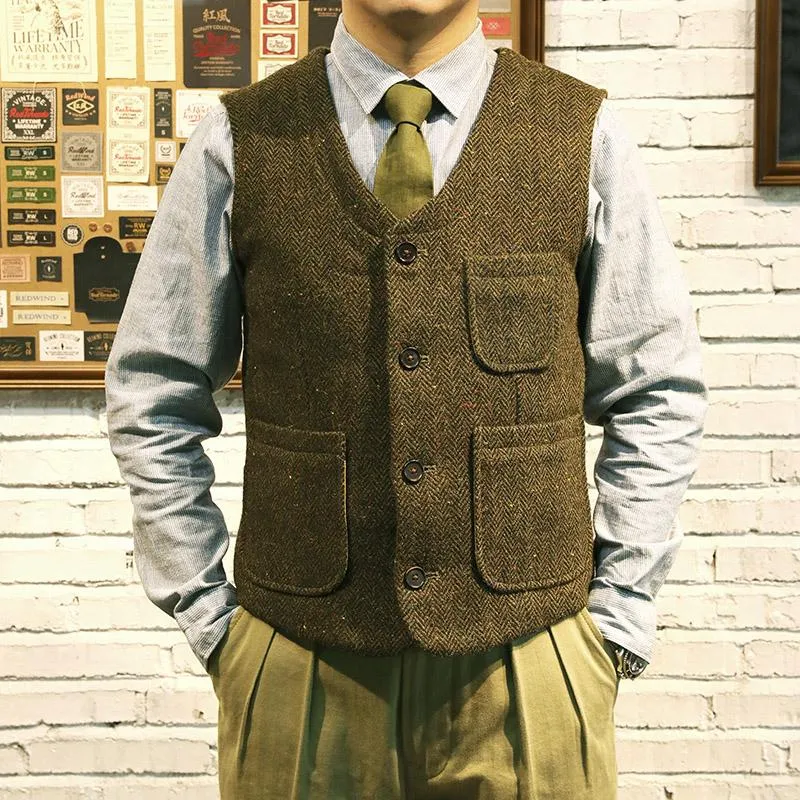 Men's Vests 2021 Rugged Gentleman Style Wool Tweed Vest Retro Men Suit Waistcoat Green