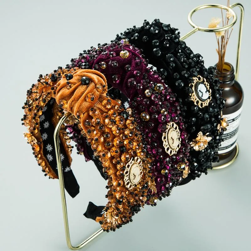 Styl barokowy Wiązany Hairbands Pełna Dżetów Pleuche Pałąk Handmade Turban Dla Kobiet Dziewczyny Hairhoop Akcesoria do włosów