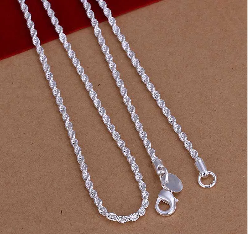 2021 Cadenas chapadas en plata esterlina 925 para hombres y mujeres, collares de cadena con cuerda giratoria de 2MM, 16 pulgadas/18 pulgadas/20 pulgadas/22 pulgadas/24 pulgadas