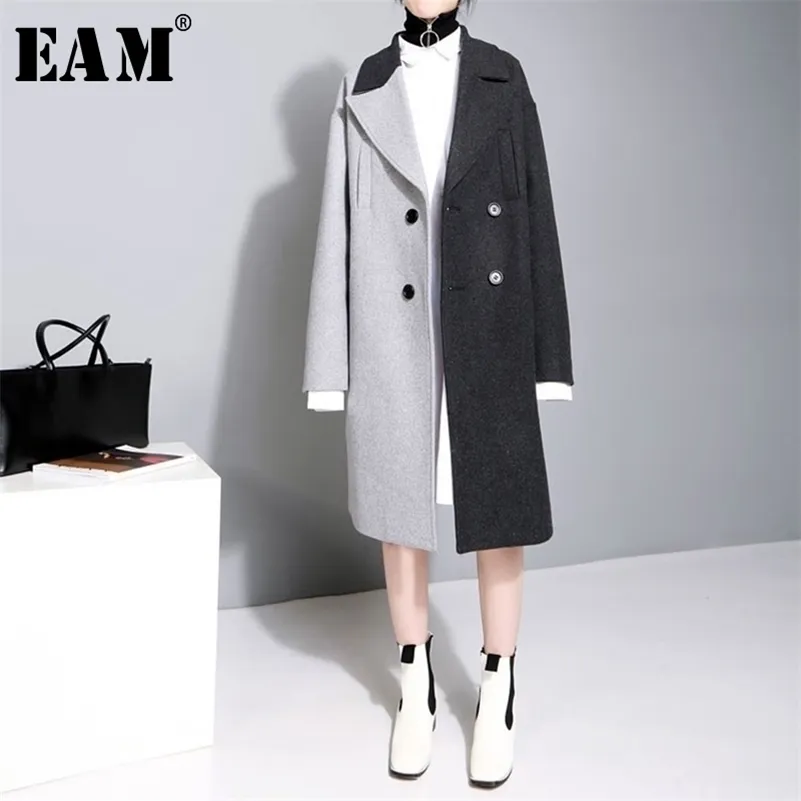 [Eam] nova lapela de mola manga longa cor sólida preta cinza split junta solta tamanho grande casaco mulheres moda jc969 201103