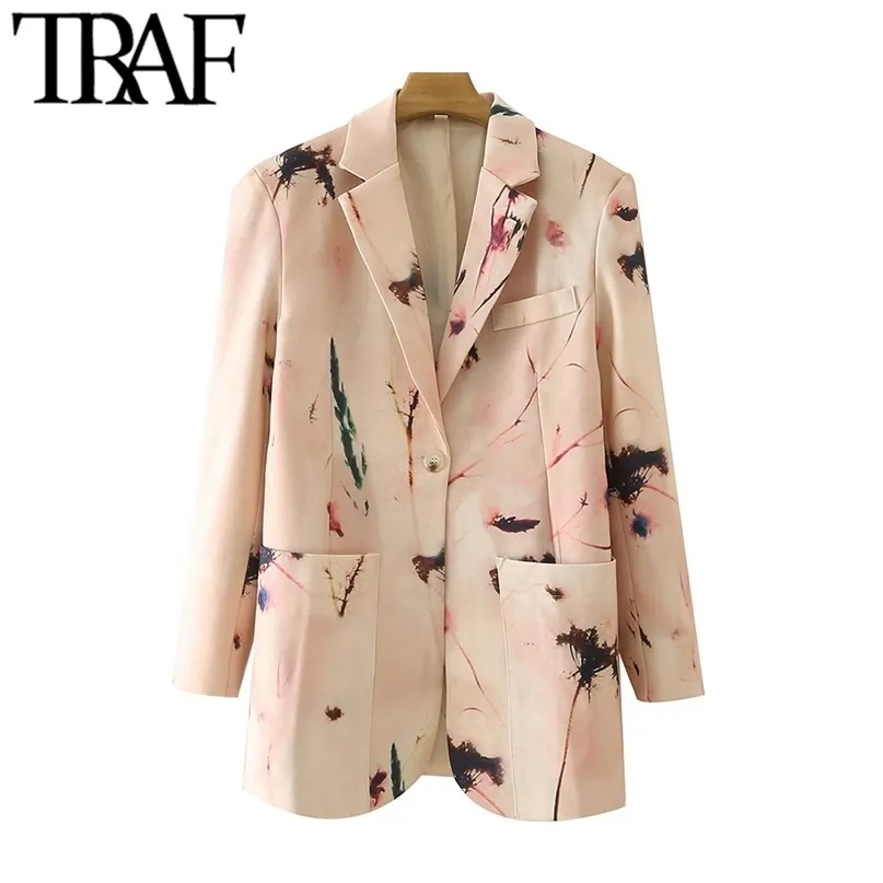 TRAF Mujeres Moda Un solo botón Impreso Blazer Abrigo Vintage Bolsillos de manga larga Mujer Prendas de abrigo Chic Veste 211122