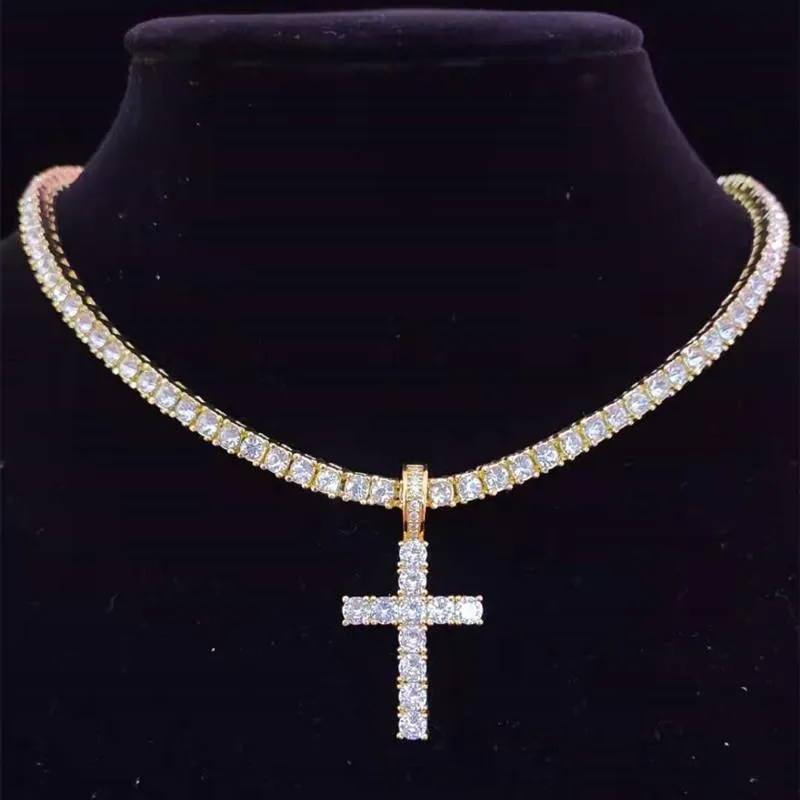 Colliers pendentifs hommes femmes Hip Hop collier croix avec chaîne de tennis en zircon de 4 mm glacé Bg HipHop bijoux cadeau de mode_voghion.com