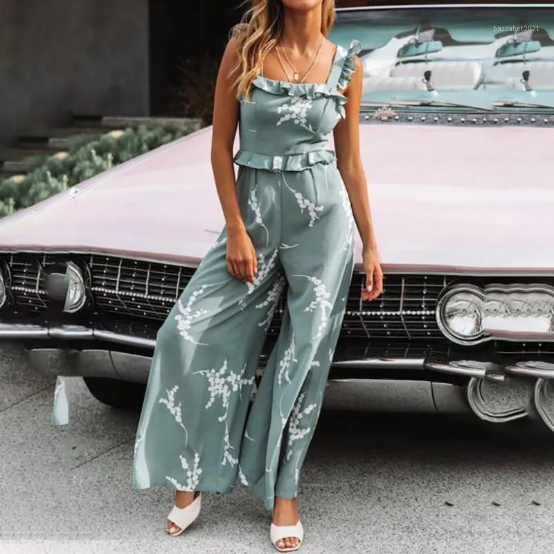 Dames Jumpsuits Rompertjes 2021 Jumpsuit Dames Zomer Koreaanse versie Lotus Blad Sweet Dames Mode Sexy Print Mouwloze Losse Lange Sprongen