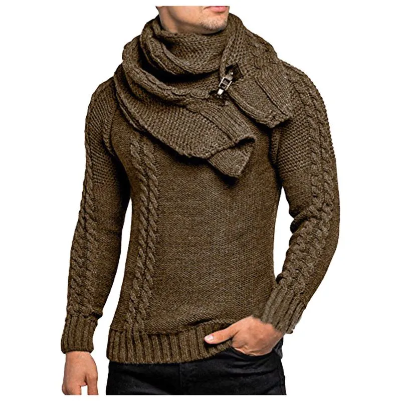 Men's Sweaters Pullovers Autumn And Winter O Neck Long Sleeve Pullover Slim Fit Solid Knitted Sweater Blouse Scarf 2 Pieces Sets D925#