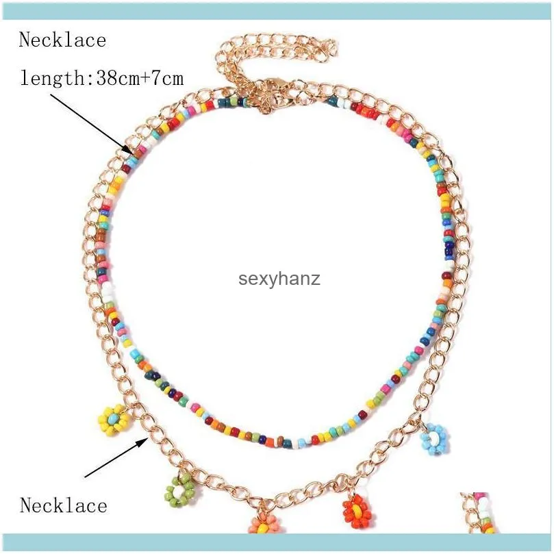 Chains 2 Pcs Set Bohemian Multicolor Beaded Necklaces For Women Boho Gold Color Metal Chain Handmade Beads Flower Necklace Jewelry