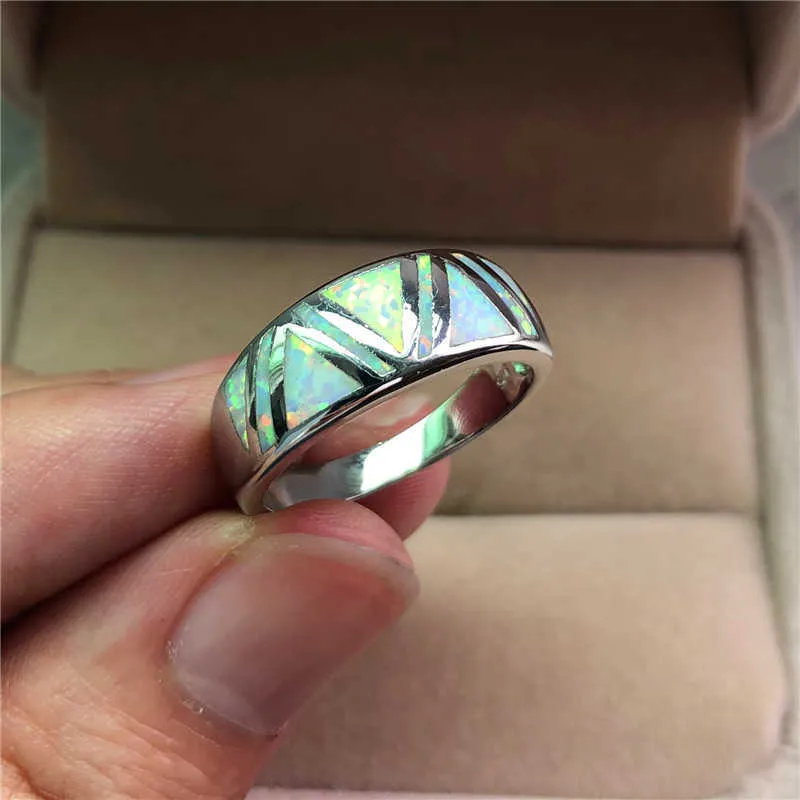 Geometrische bruid verlovingsring vintage mannelijke vrouwelijke witte opaal steen ring mode zilveren kleur bruiloft ringen voor vrouwen mannen x0715