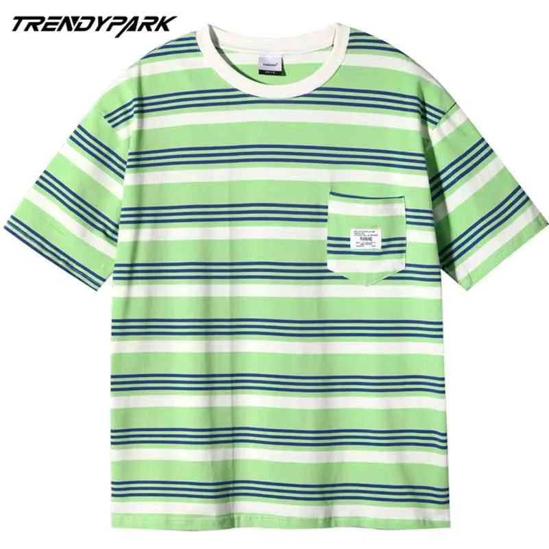Hip Hop Streetwear T-shirt Striped Vintage T Shirt hajuku Bomull Män Sommar Kortärmad Oversize Tshirt Pocket Tops Tees 210601