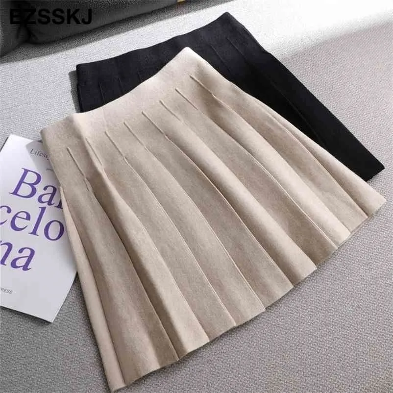 Autumn winter a-line thick short SWEATER Skirt Women good quality cute pleated mini skirt female elegant knit 210621