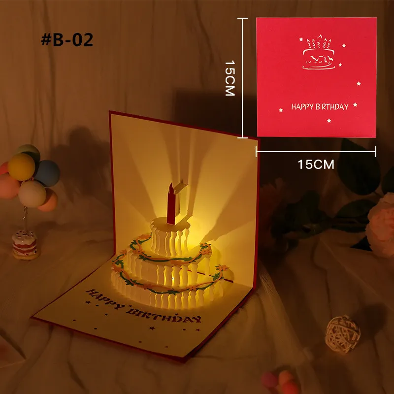 3D pop up cartão luminoso feliz aniversário bolo vela bênção cartões criativos Música estéreo moderno cartões postais